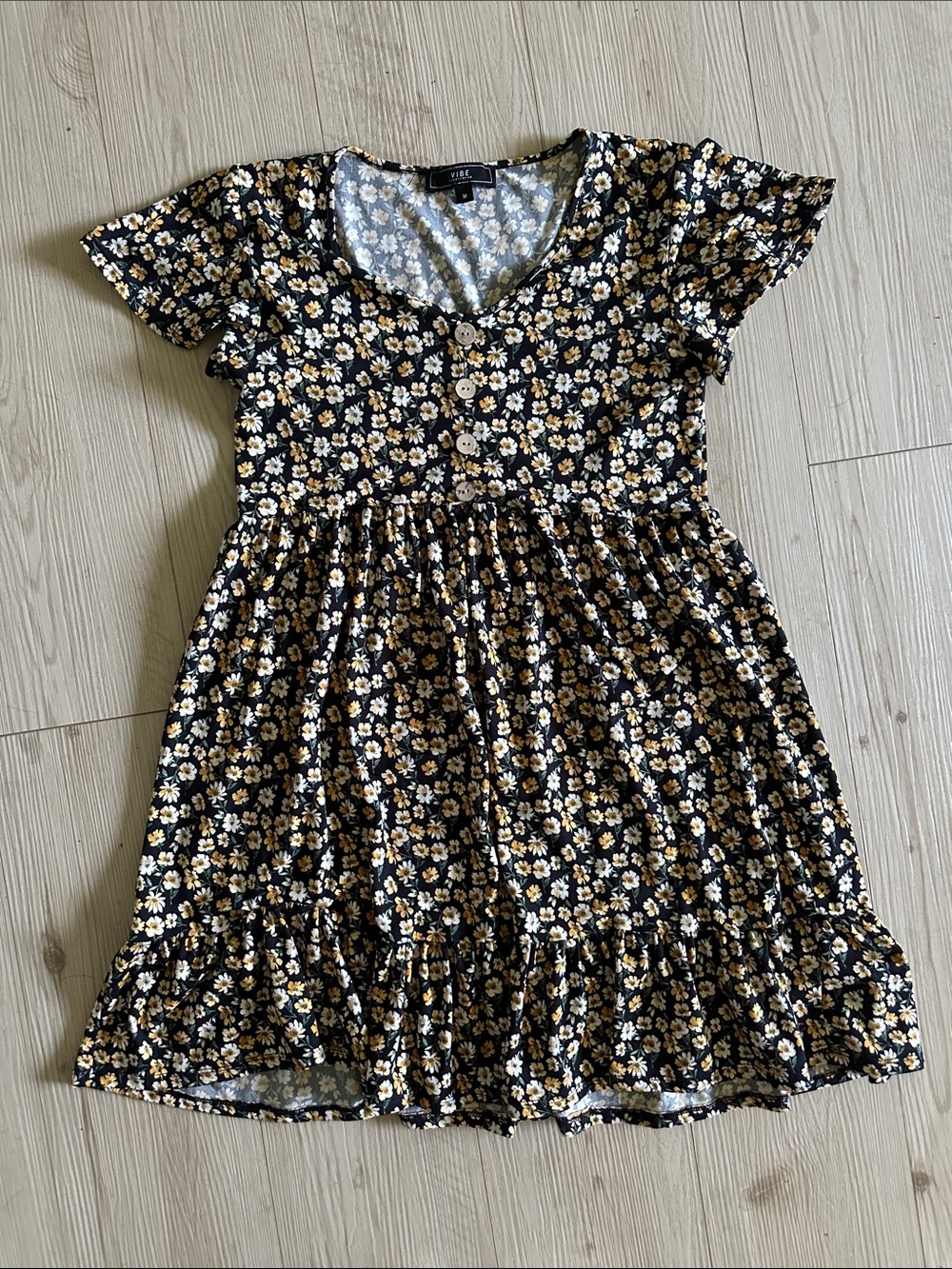 Floral Button-Front Mini Dress in Black and Cream